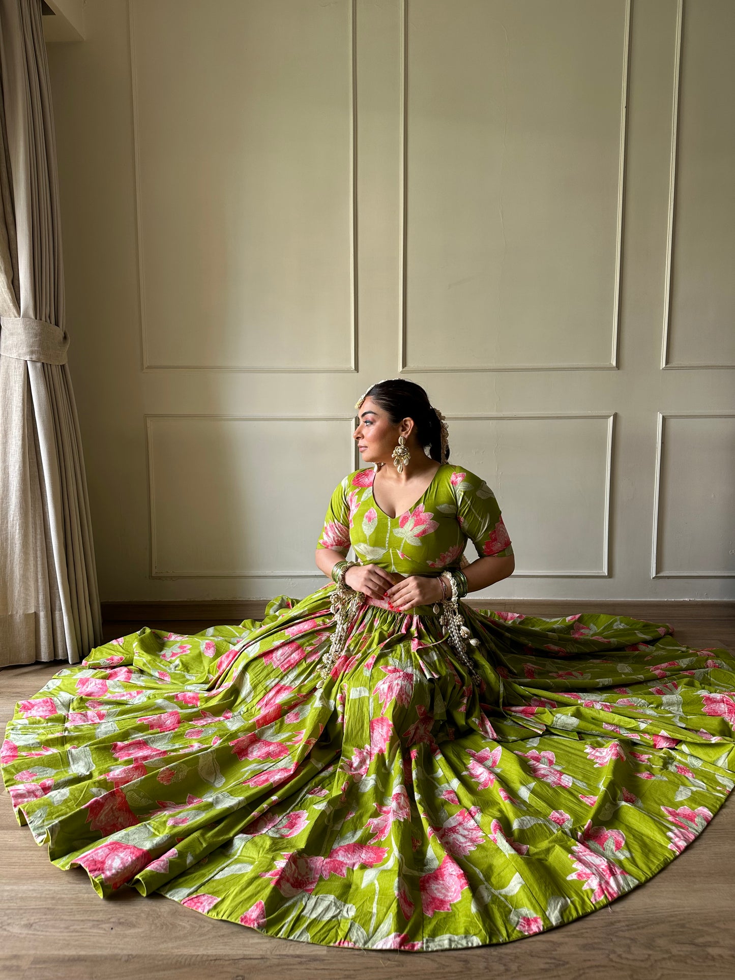 Tulika Green Cotton Lehenga