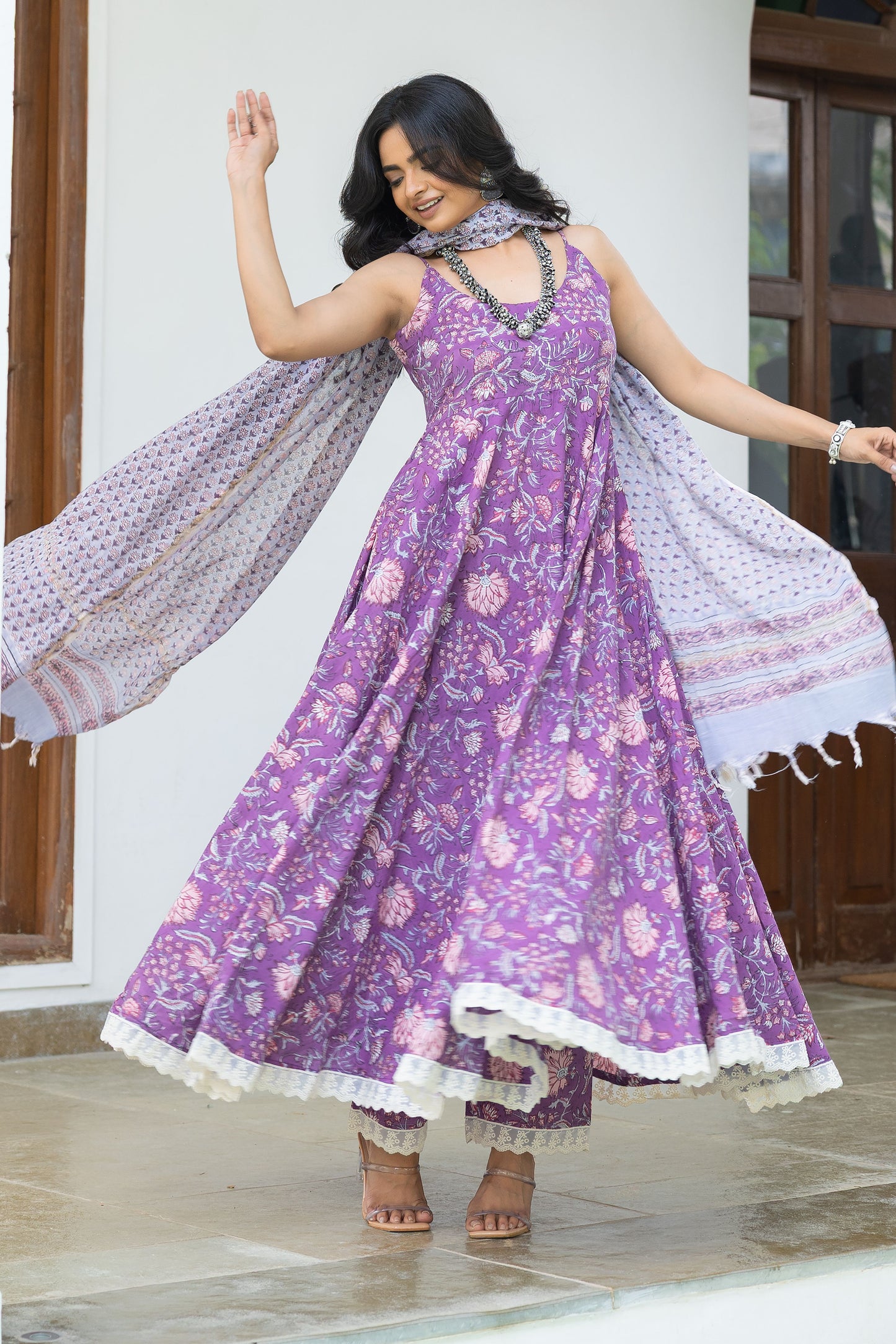Nirva Purple Handblock Cotton Anarkali Set