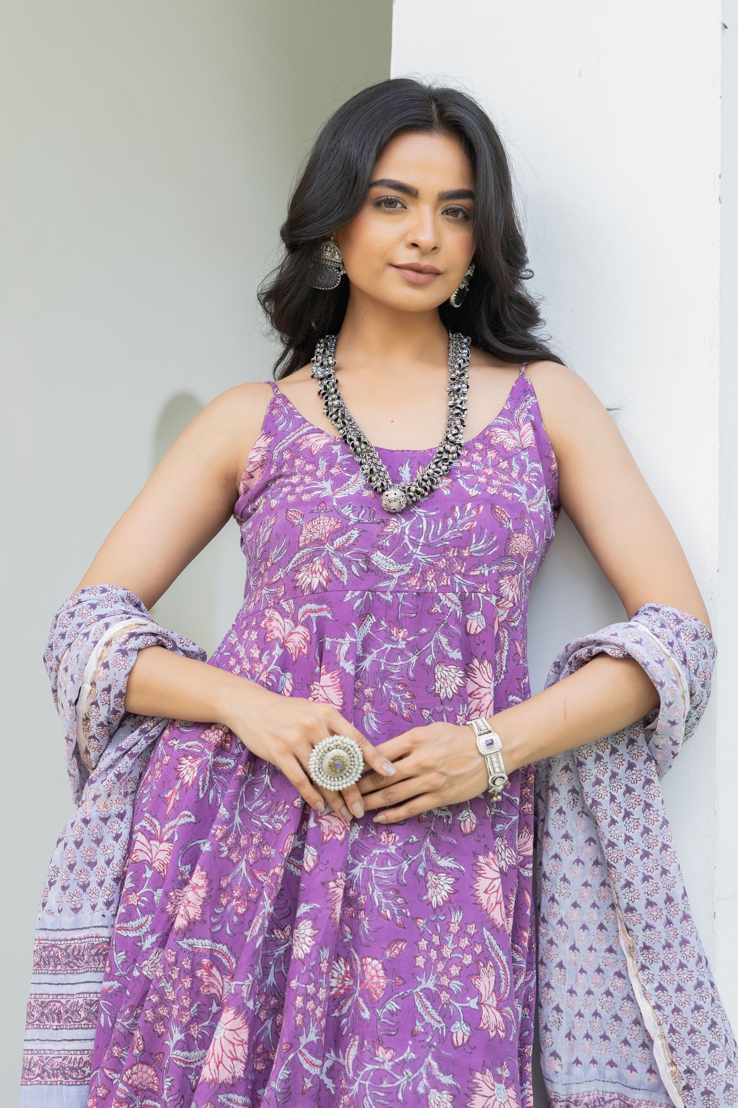 Nirva Purple Handblock Cotton Anarkali Set
