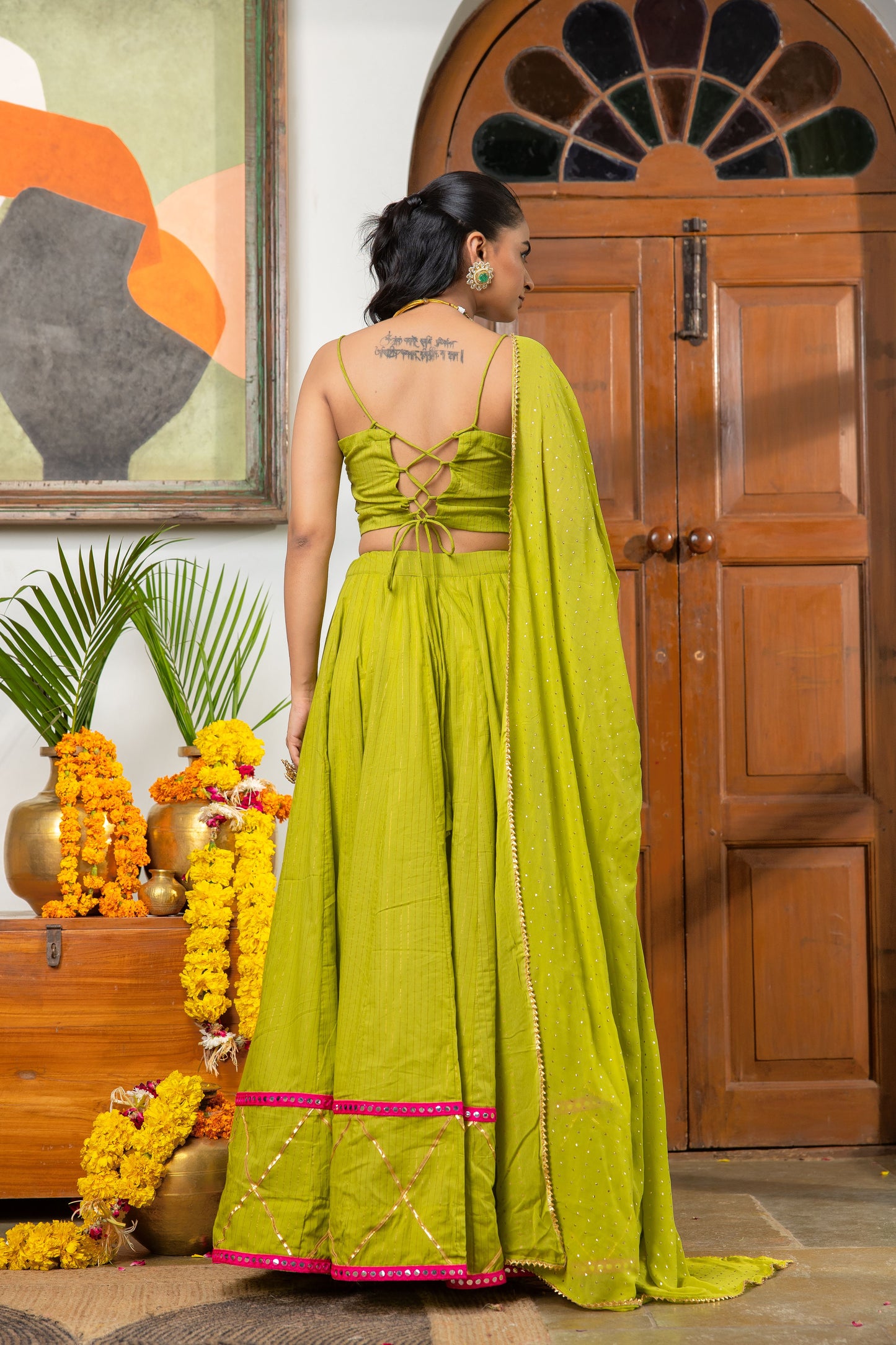 Mayura Green Cotton lurex Lehenga