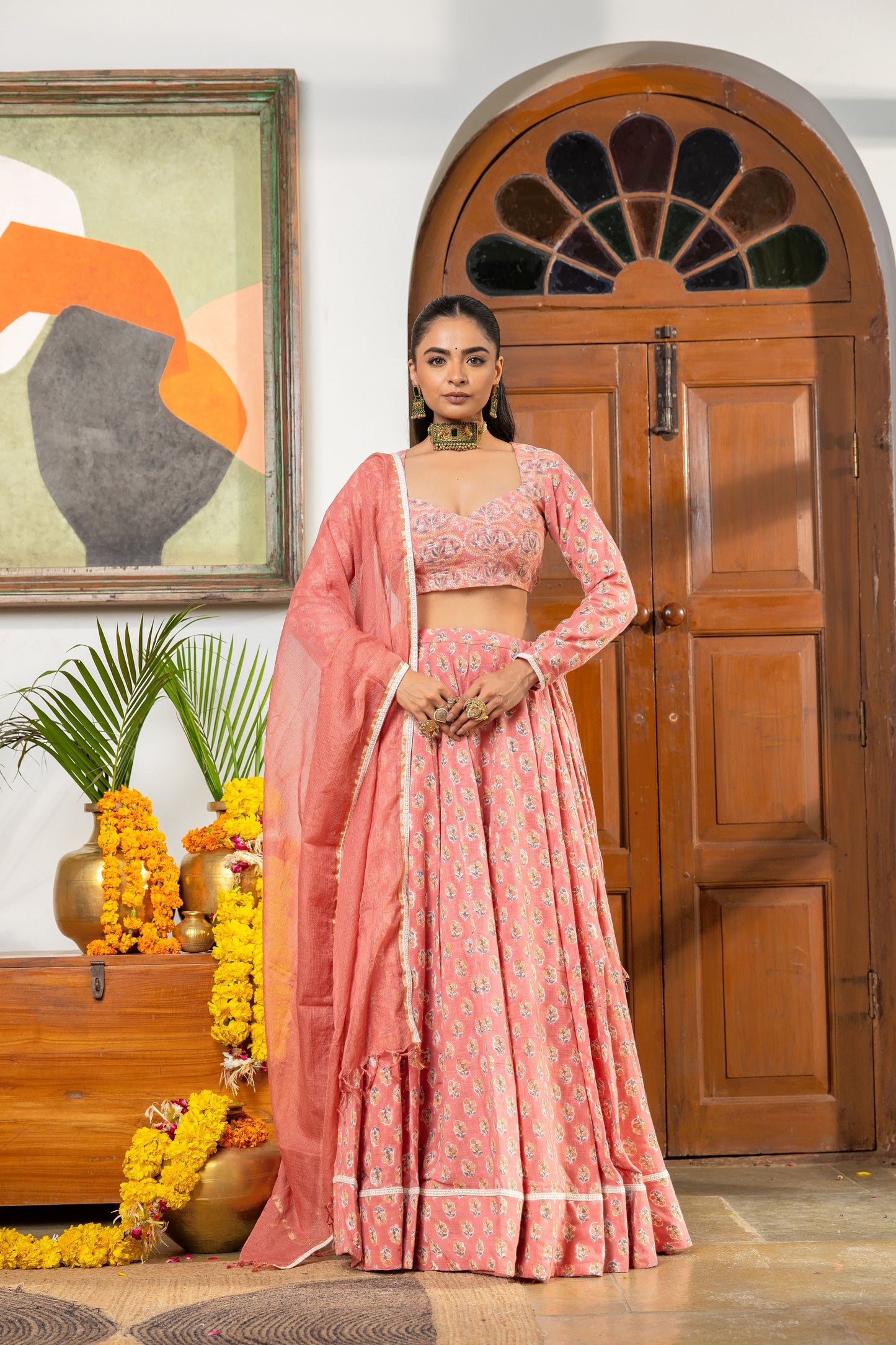 Parijat Handblock Slub Cotton Lehenga