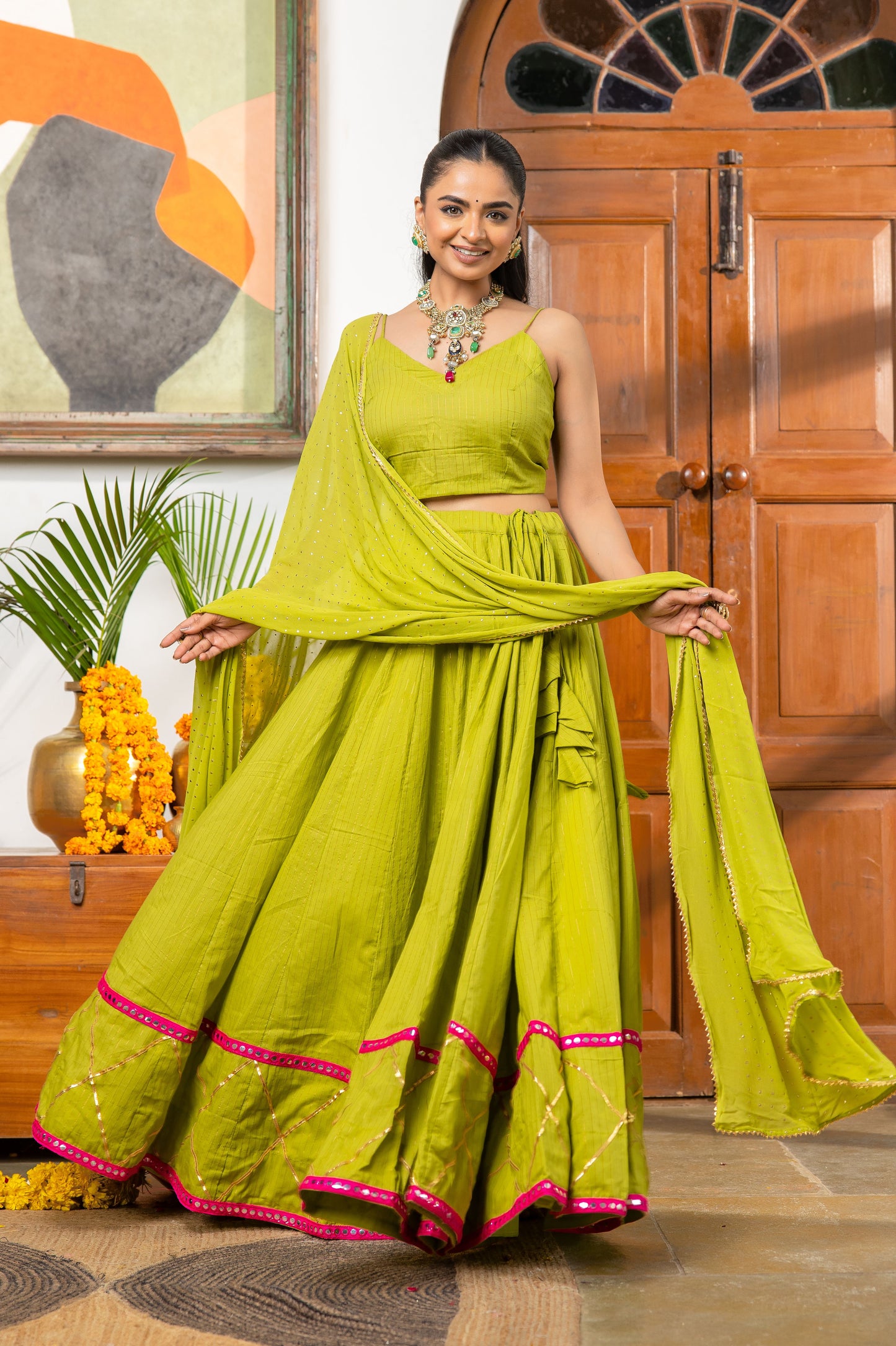 Mayura Green Cotton lurex Lehenga