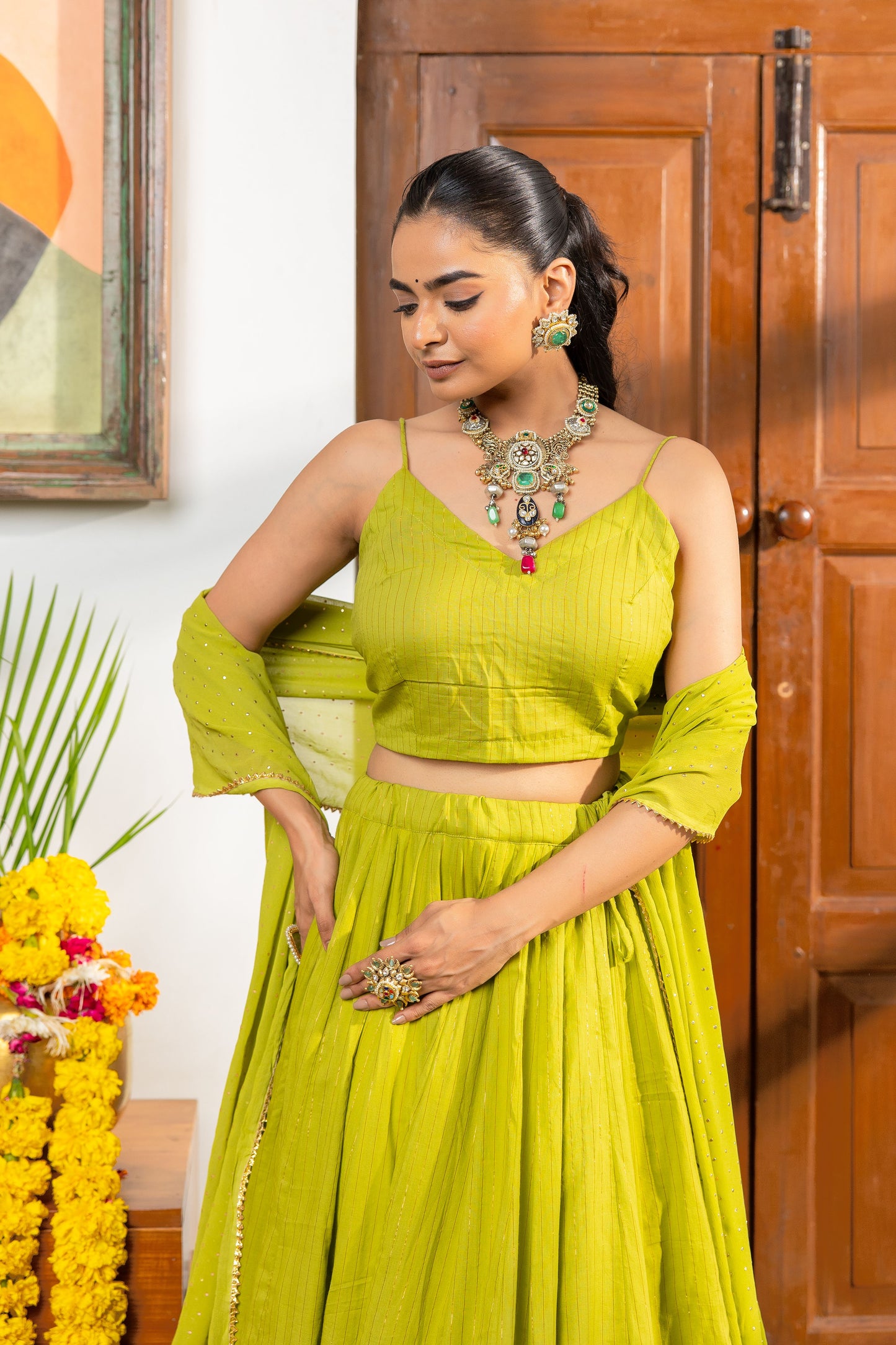 Mayura Green Cotton lurex Lehenga