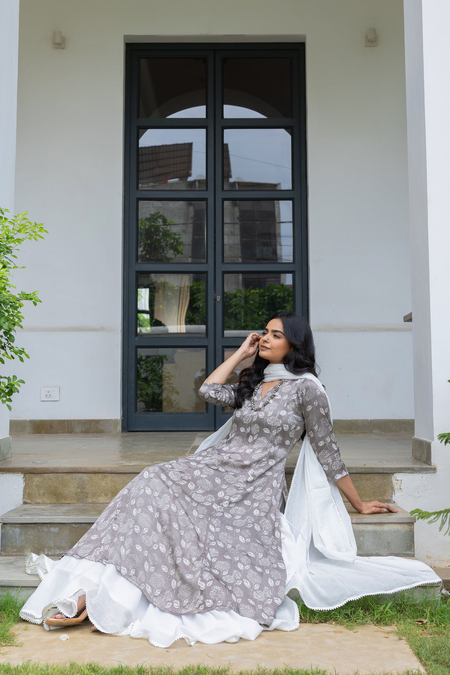 Mirza Grey Modal Silk Kali Kurta Set