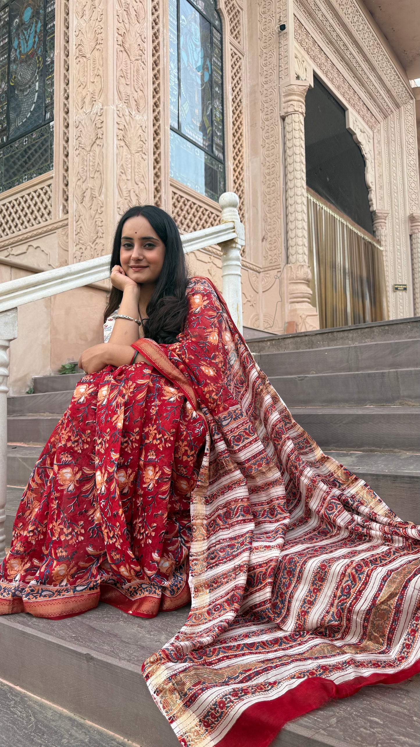 Sindoor Handblock Maheshwari Saree (Teerth By Amaanyaa)