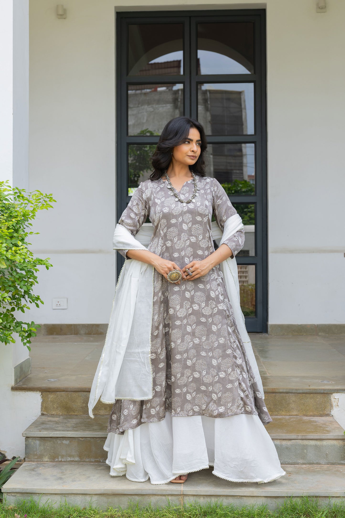 Mirza Grey Modal Silk Kali Kurta Set