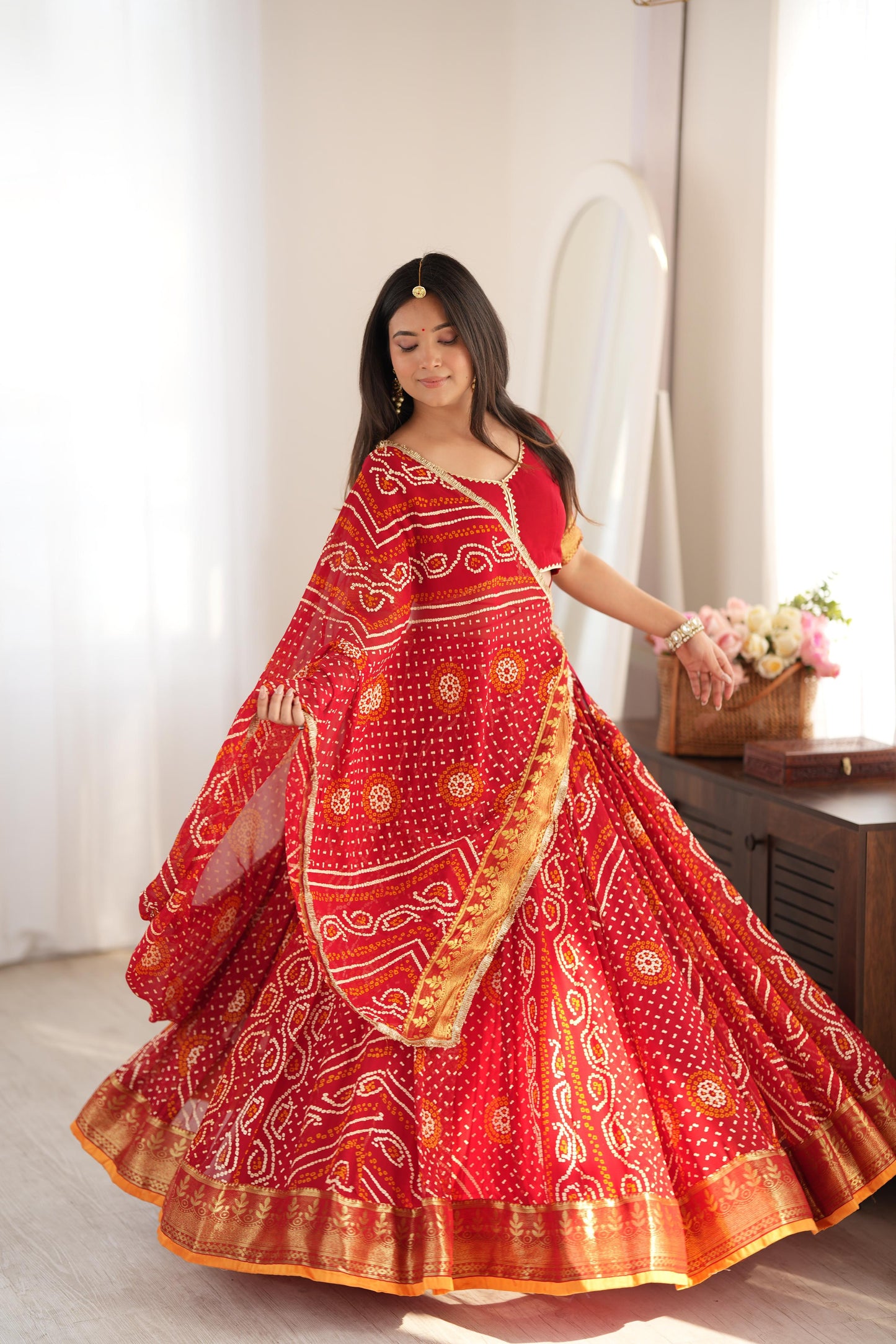 Falguni Red Bandhani Lehenga