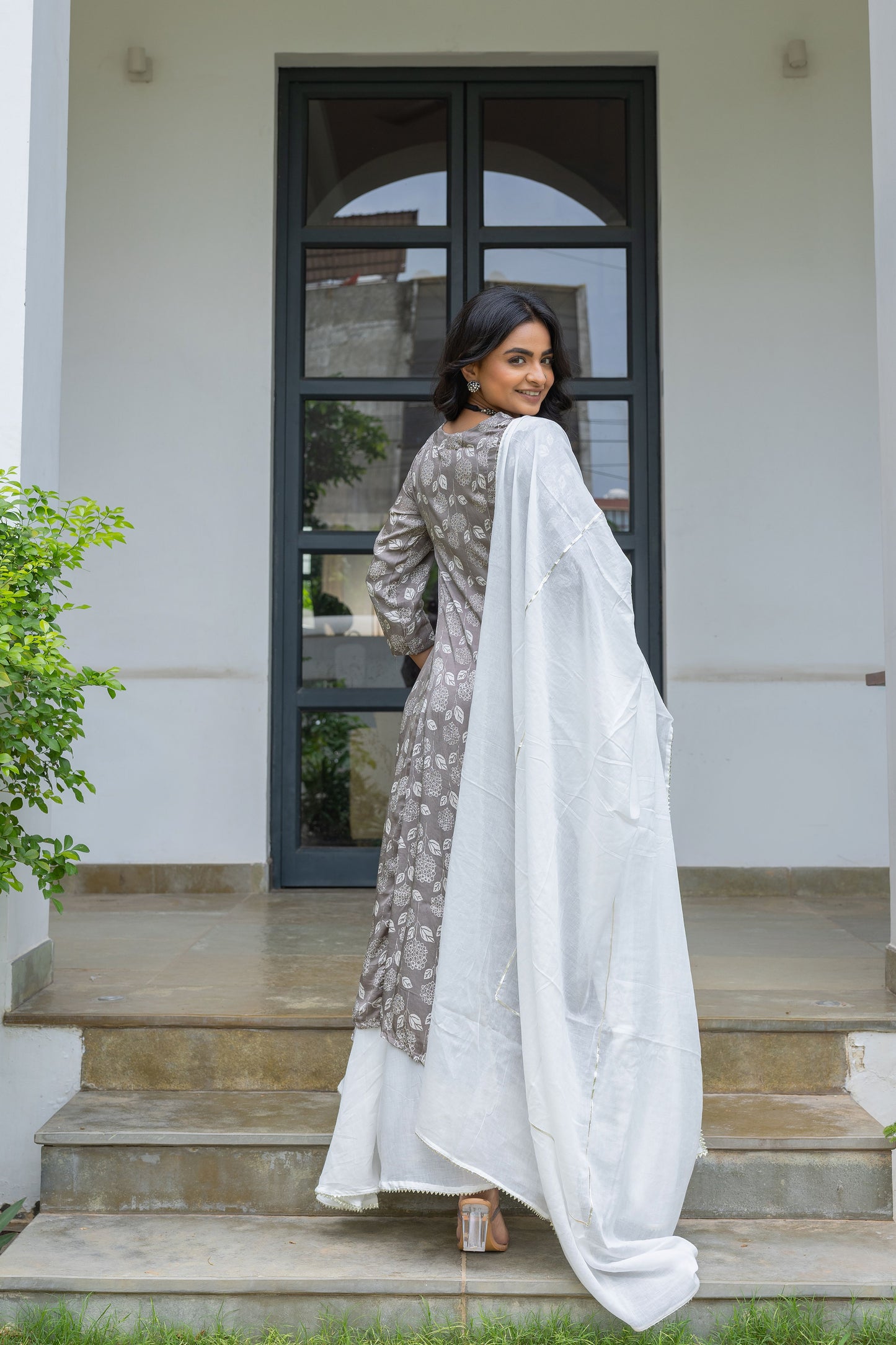 Mirza Grey Modal Silk Kali Kurta Set