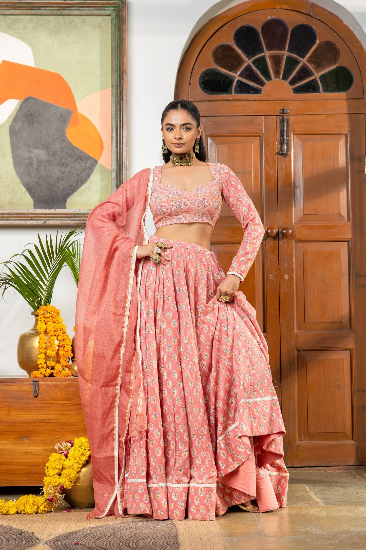 Parijat Handblock Slub Cotton Lehenga