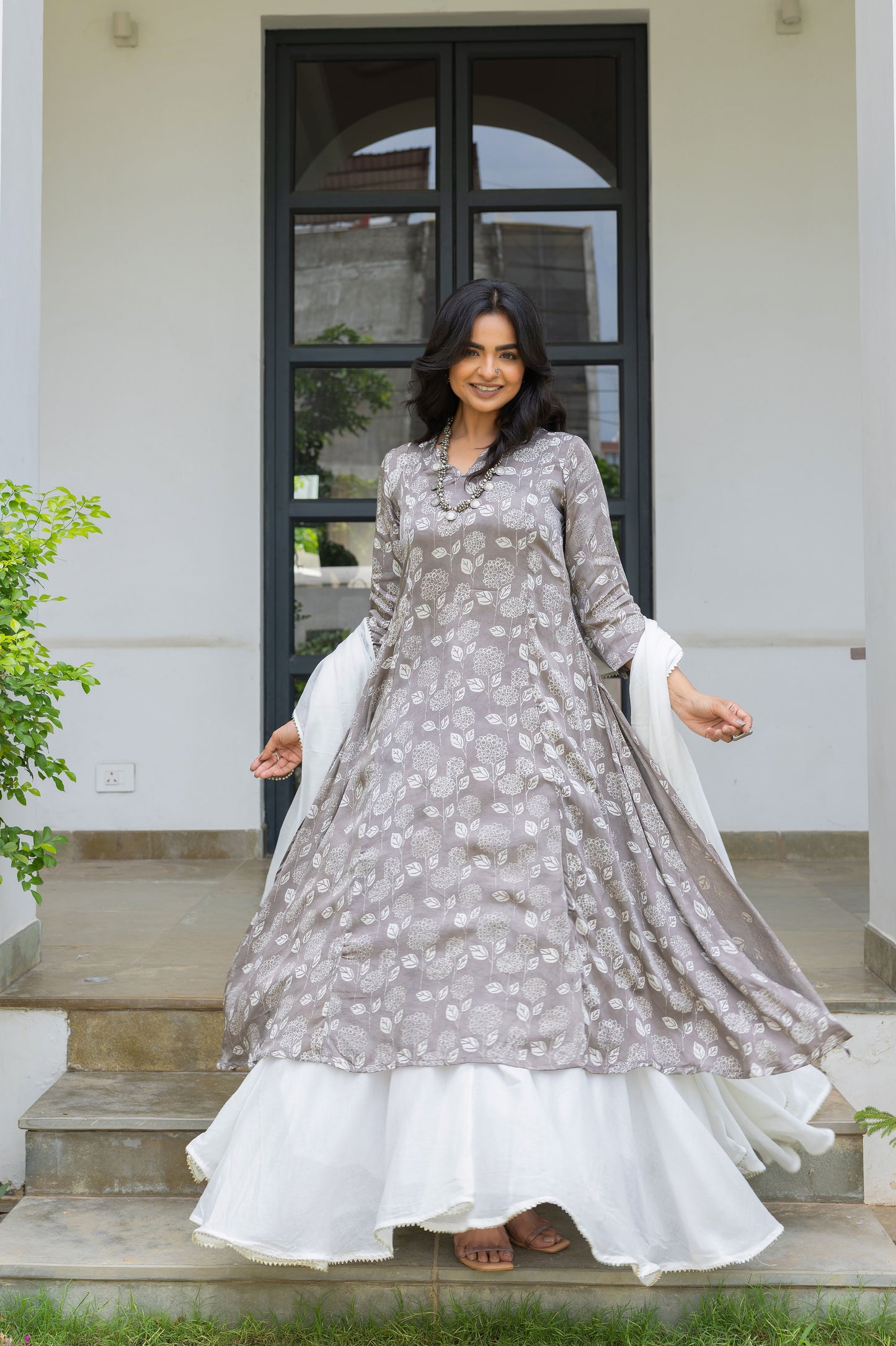 Mirza Grey Modal Silk Kali Kurta Set