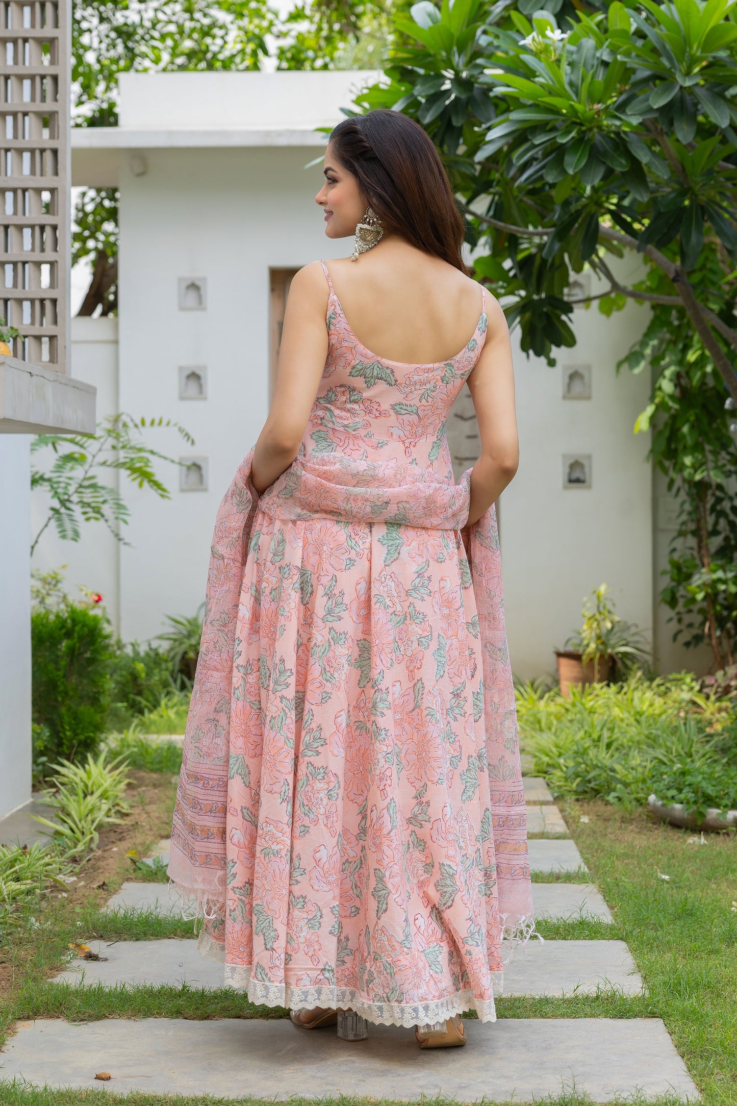 Nirva Peach Handblock Cotton Anarkali Set