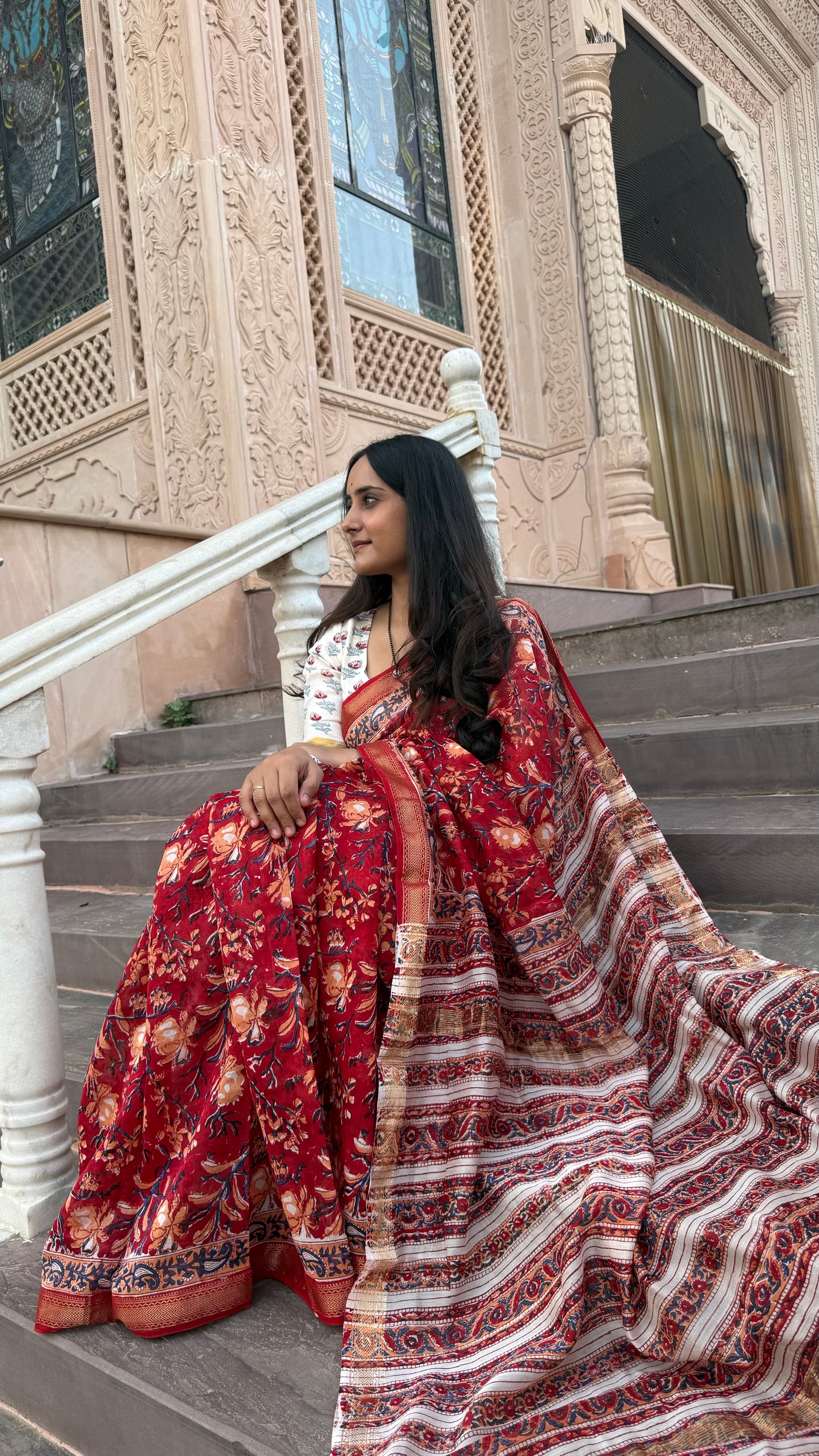 Sindoor Handblock Maheshwari Saree (Teerth By Amaanyaa)