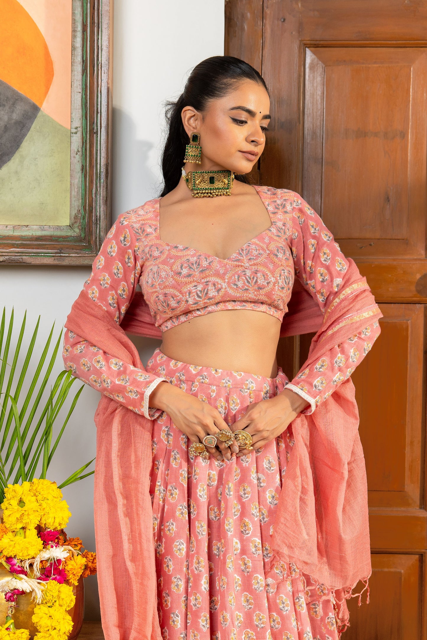 Parijat Handblock Slub Cotton Lehenga