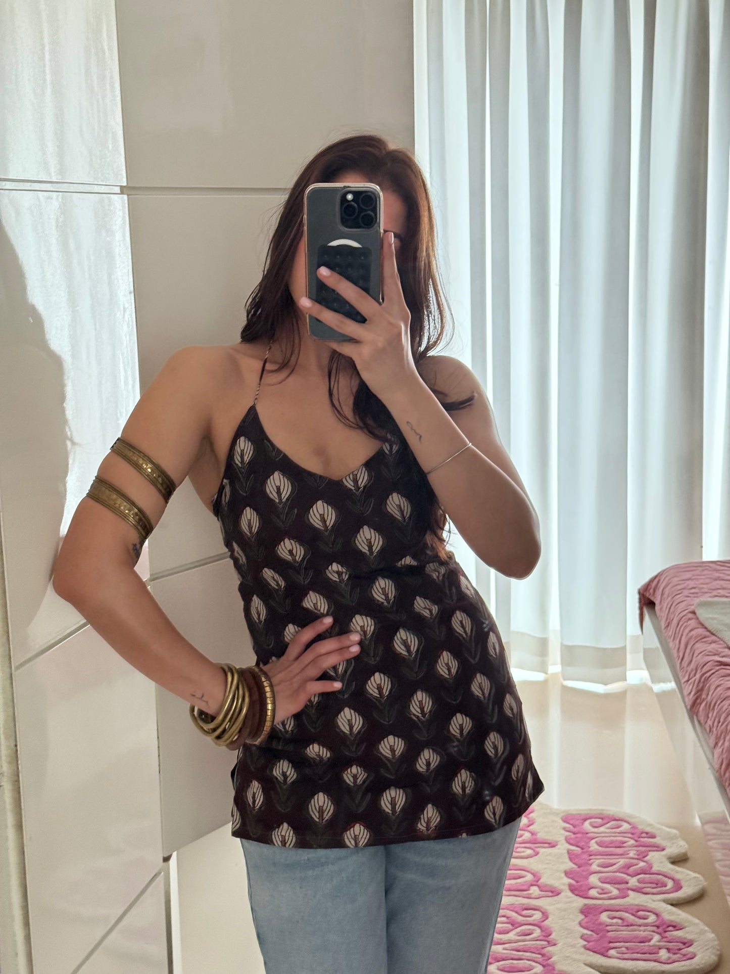 Sukh Ajrakh Dabu Brown Handblock Cotton Halter Top