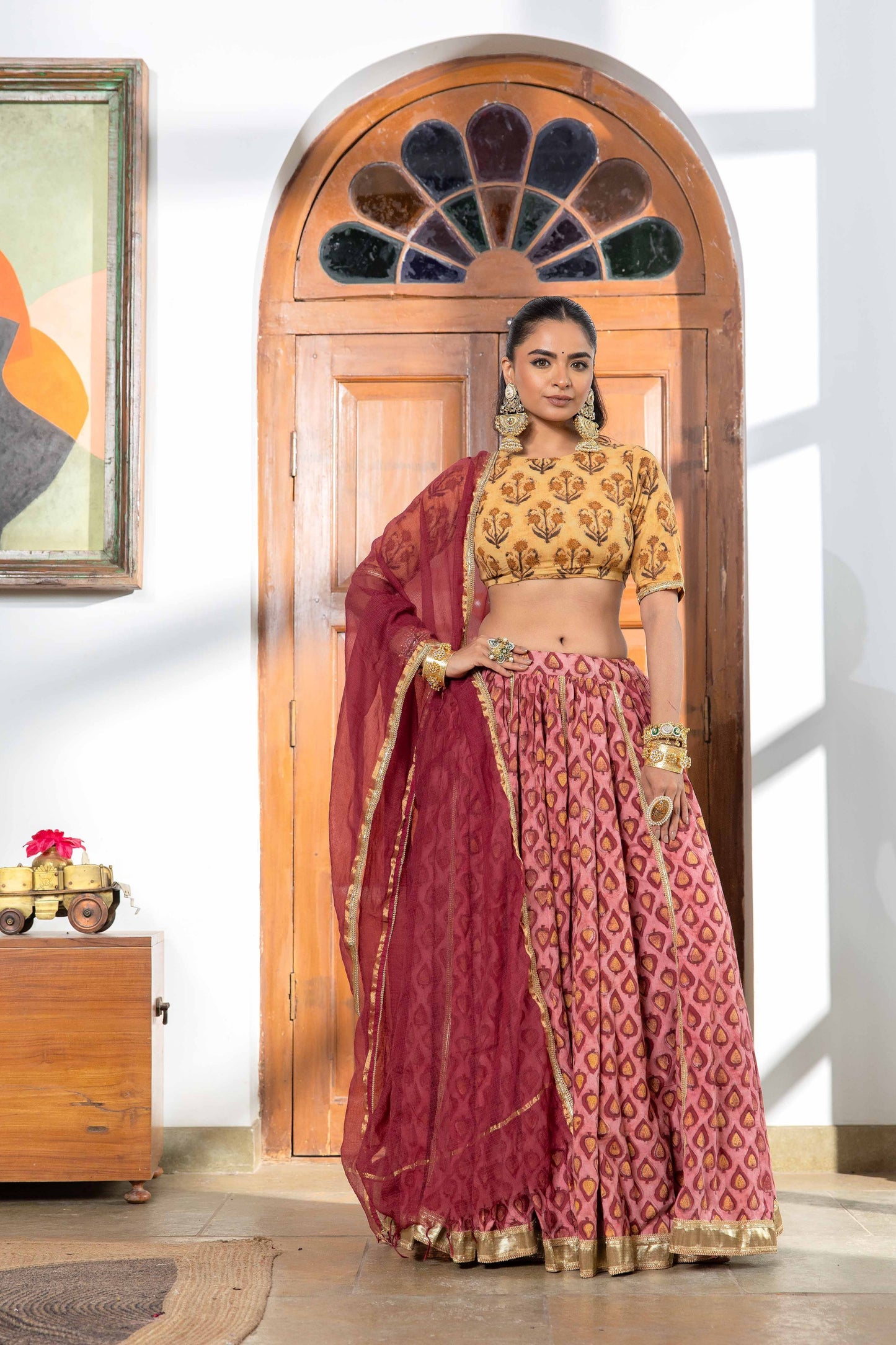 Hetvi Gulabi Handblock lehenga
