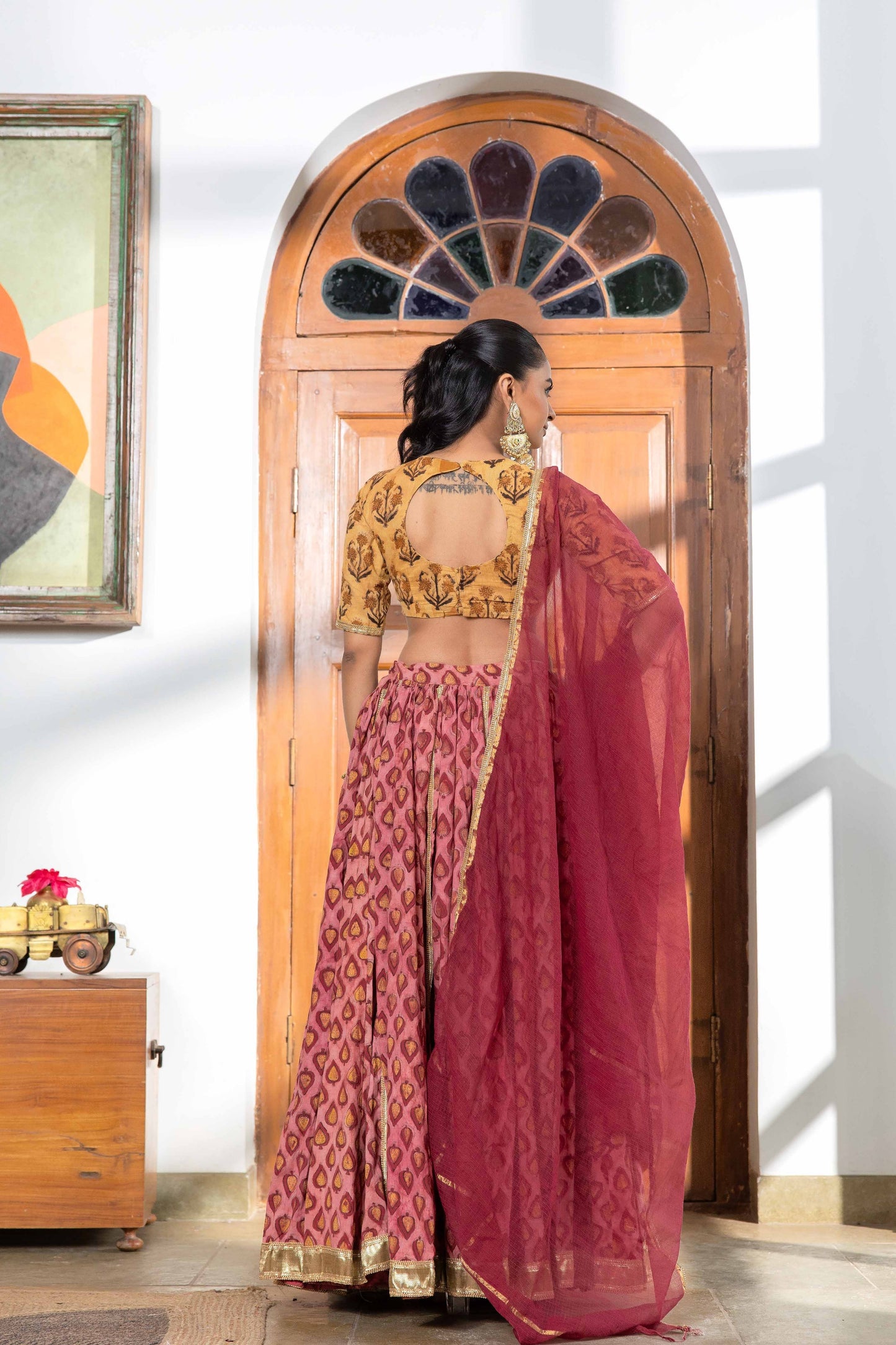 Hetvi Gulabi Handblock lehenga