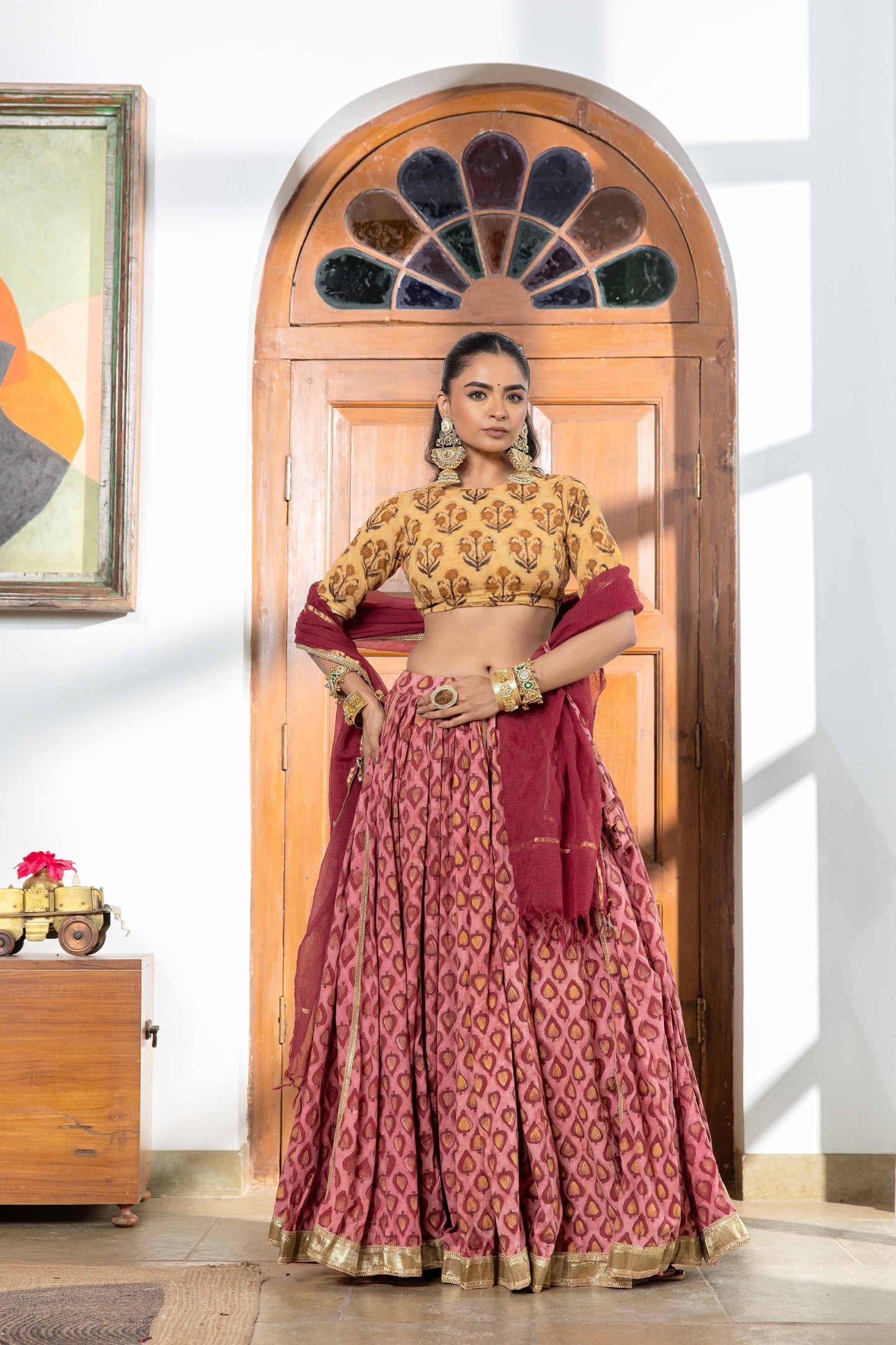 Hetvi Gulabi Handblock lehenga