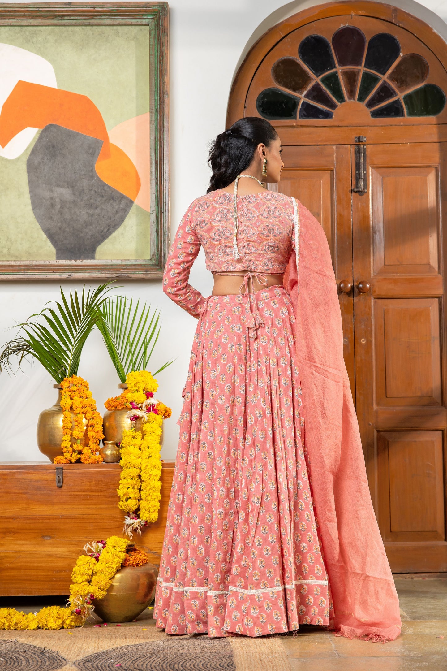Parijat Handblock Slub Cotton Lehenga