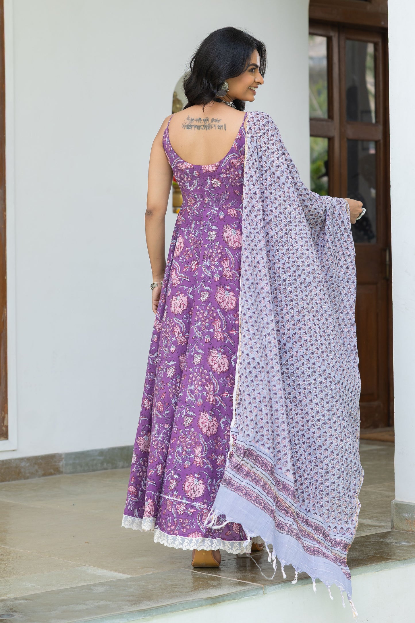 Nirva Purple Handblock Cotton Anarkali Set