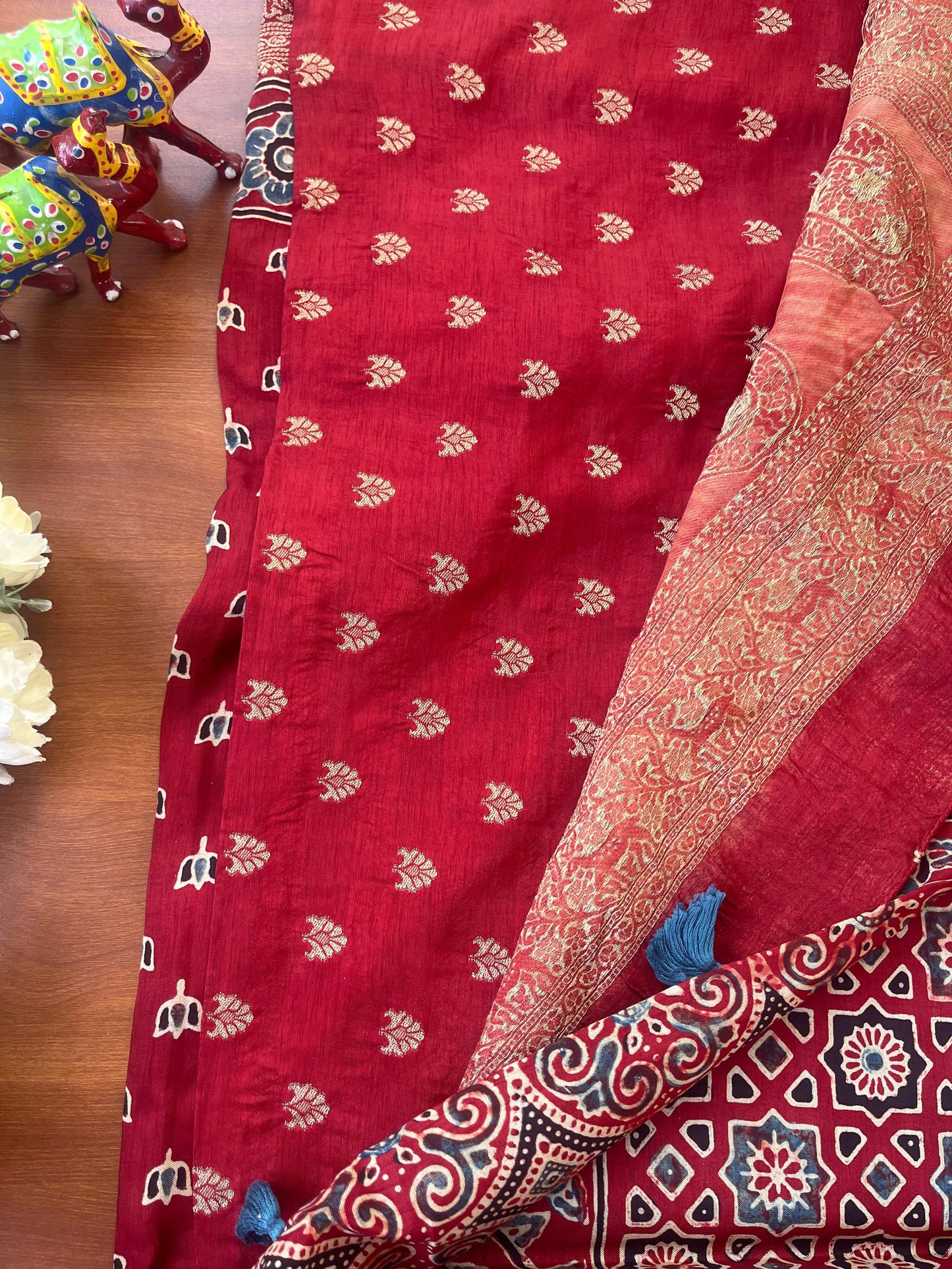 Red Ajrakh Handblock Dola Silk Saree (Teerth By Amaanyaa)