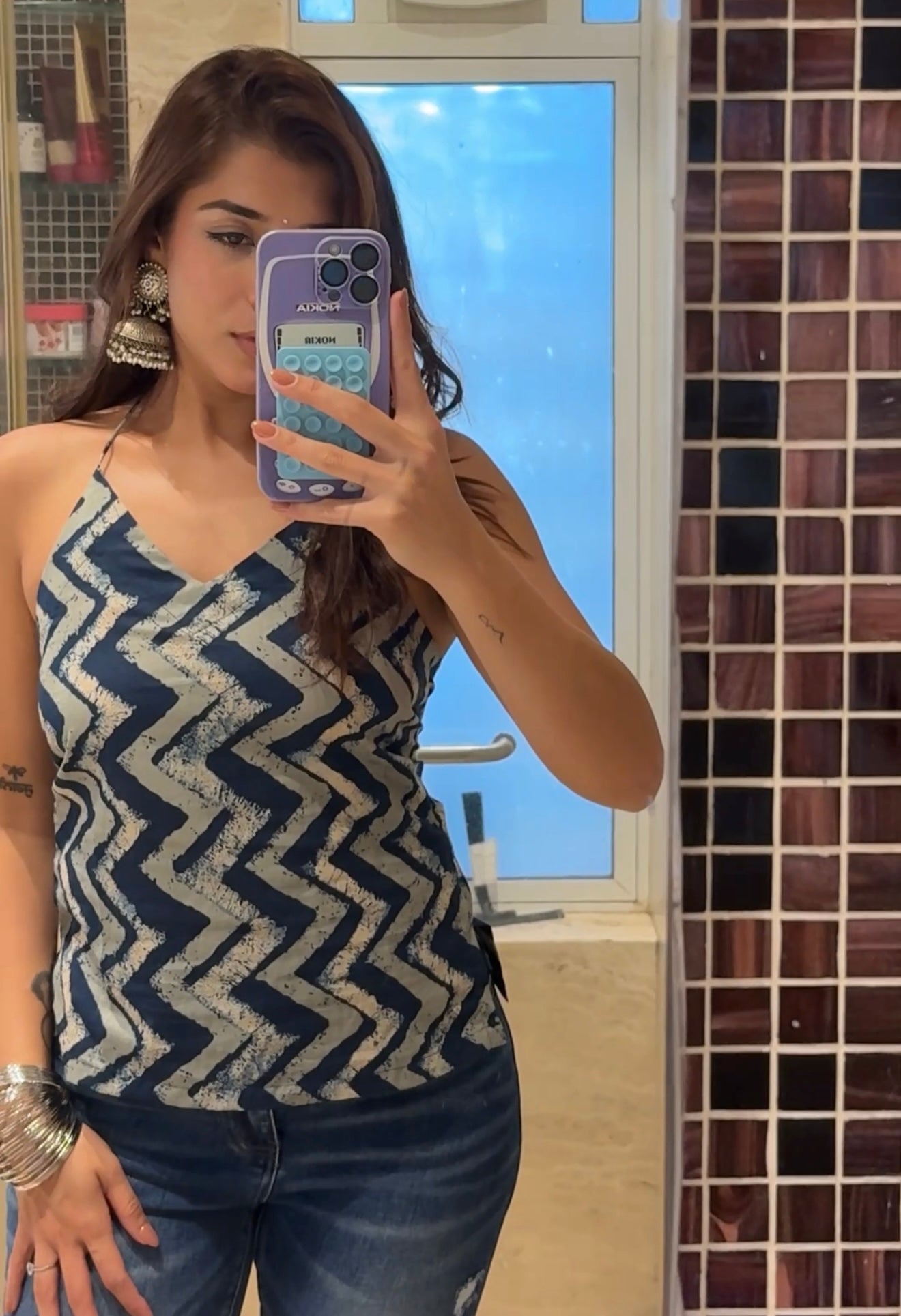 Pia Blue Zigzag Cotton Halter Top