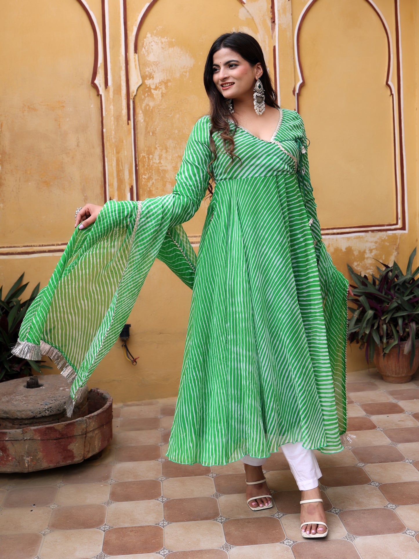 Green Leheriya Anarkali Set