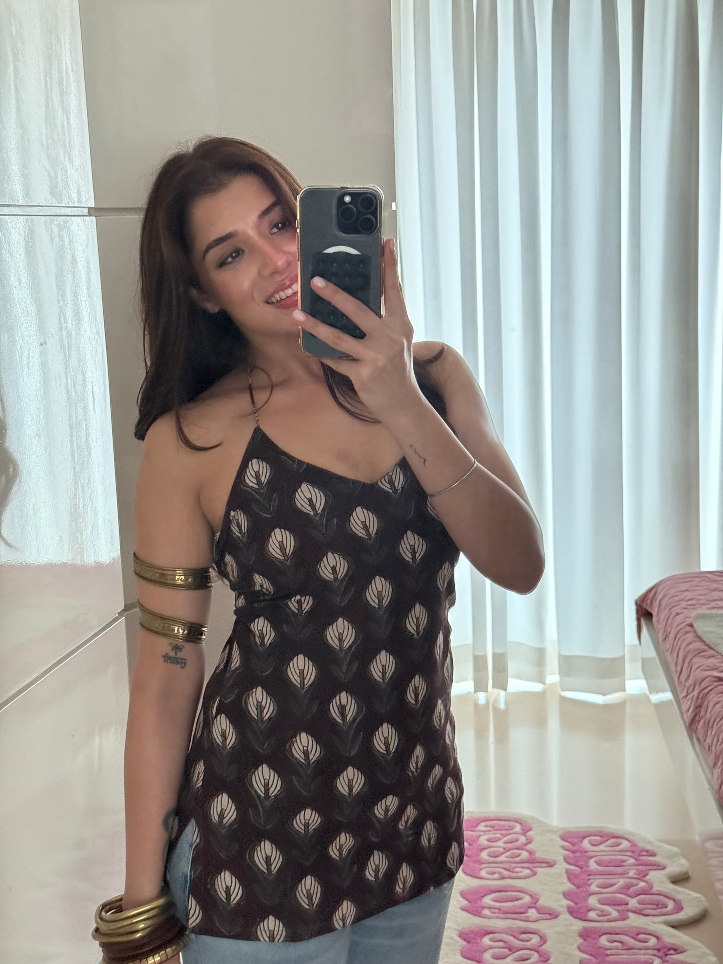Sukh Ajrakh Dabu Brown Handblock Cotton Halter Top