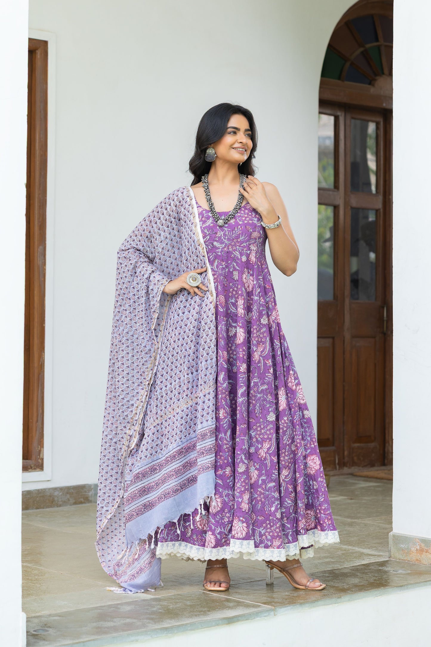 Nirva Purple Handblock Cotton Anarkali Set