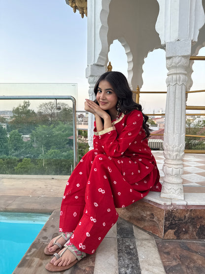 Mannat Red Bandhani Farshi Set