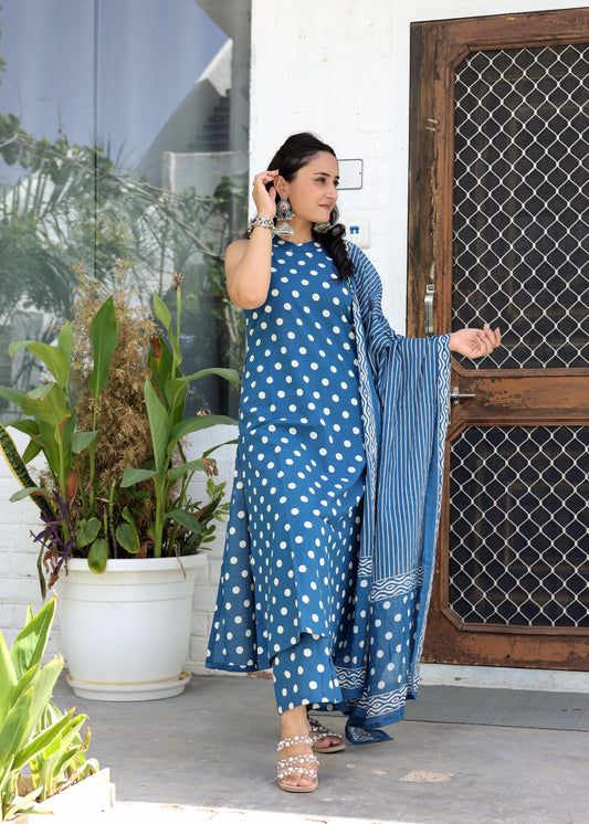 Blue Polka Cotton Suit Set