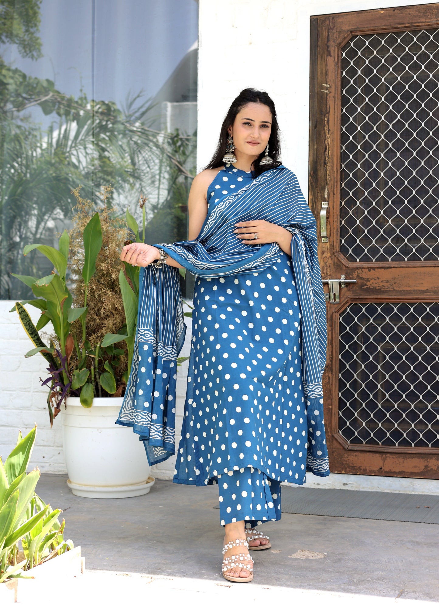 Blue Polka Cotton Suit Set