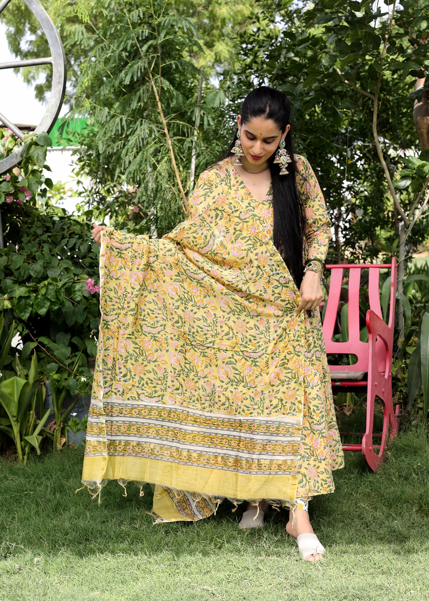 Sunglow Yellow Handblock Cotton Anarkali Set