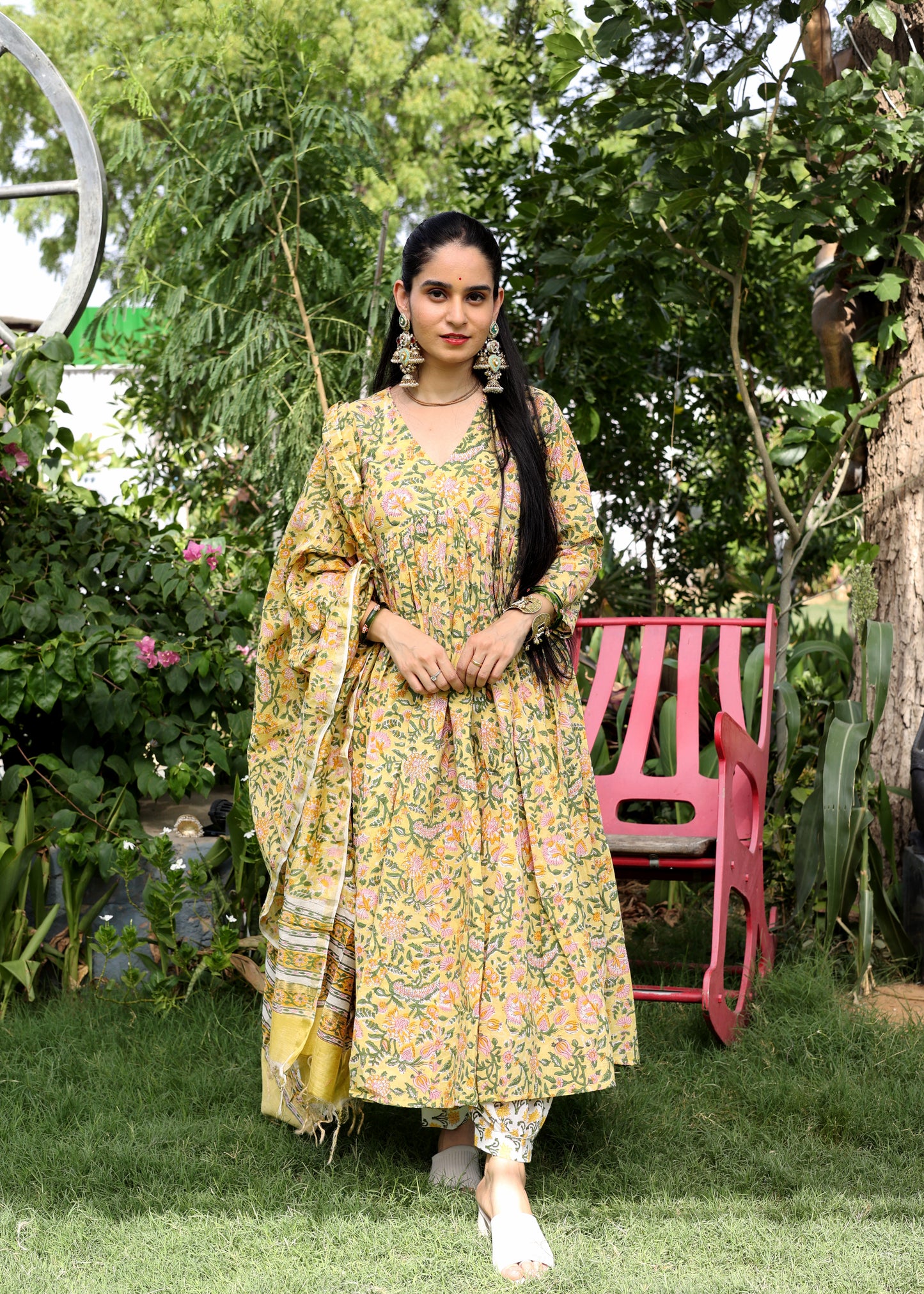 Sunglow Yellow Handblock Cotton Anarkali Set