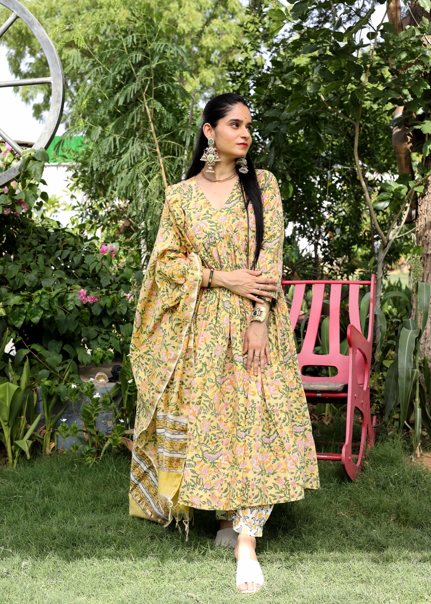 Sunglow Yellow Handblock Cotton Anarkali Set