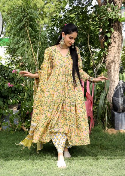 Sunglow Yellow Handblock Cotton Anarkali Set