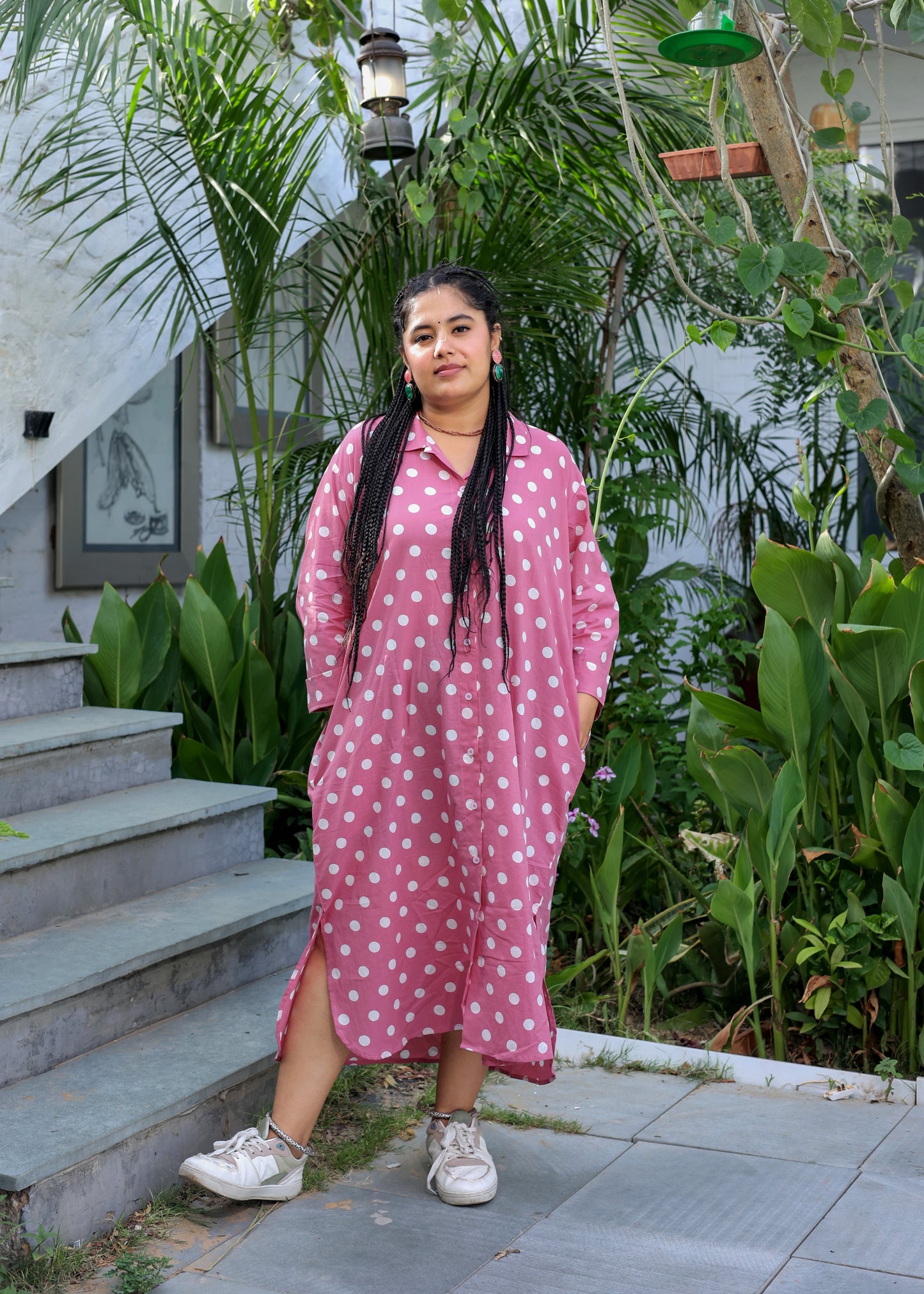 Pink Polka Cotton Shirt Dress