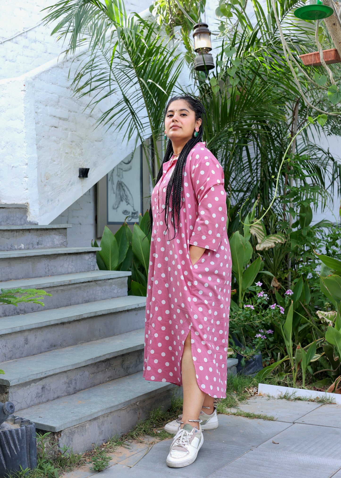 Pink Polka Cotton Shirt Dress