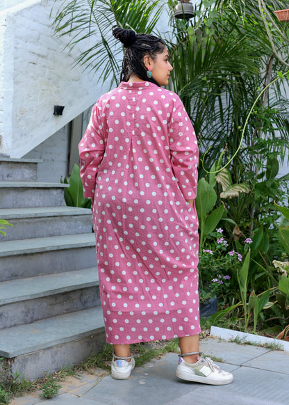 Pink Polka Cotton Shirt Dress