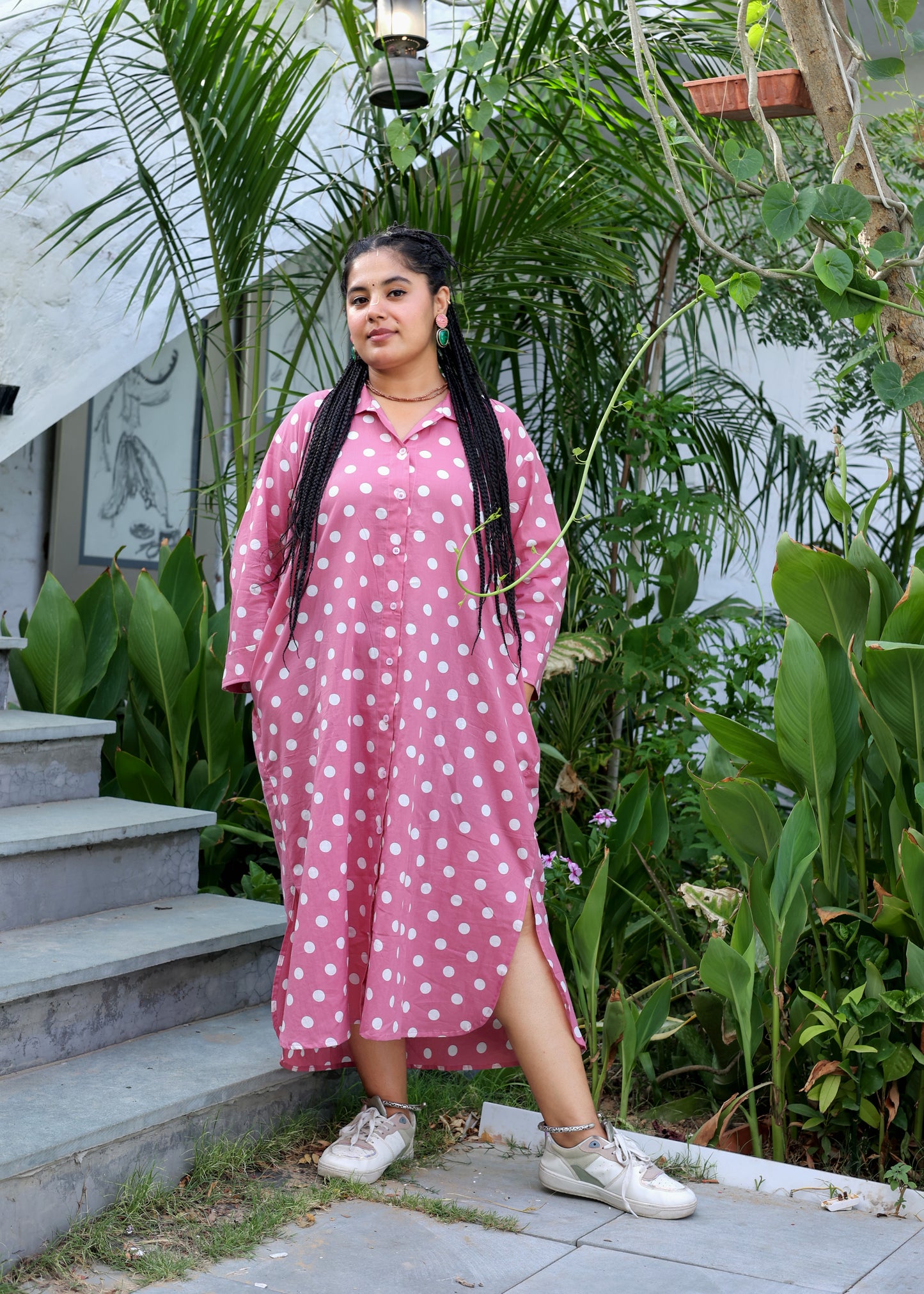 Pink Polka Cotton Shirt Dress