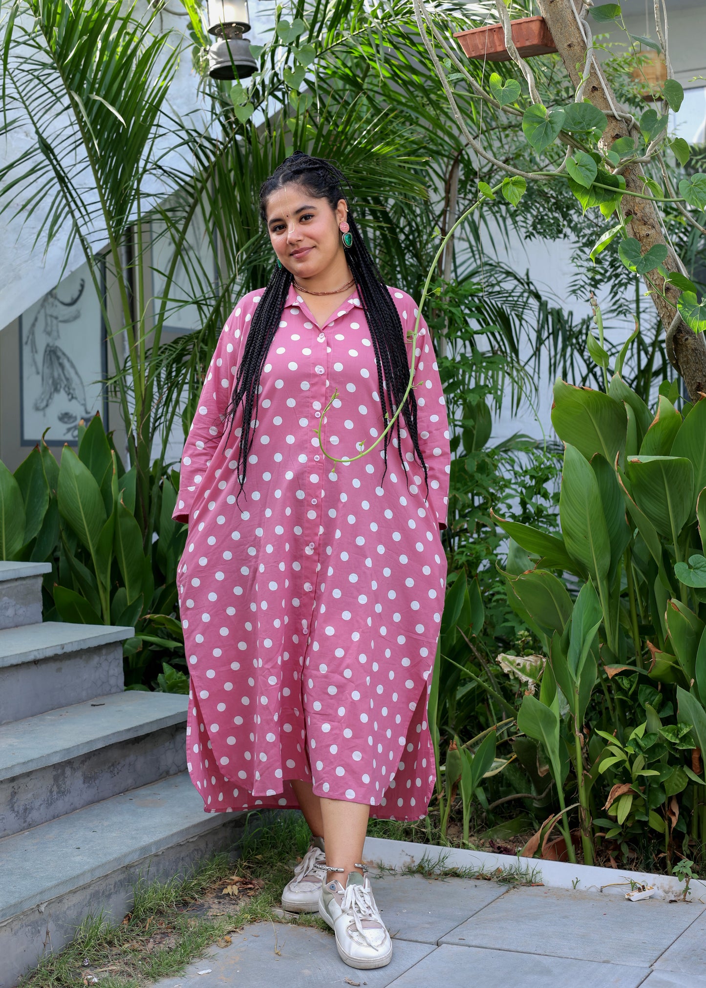 Pink Polka Cotton Shirt Dress