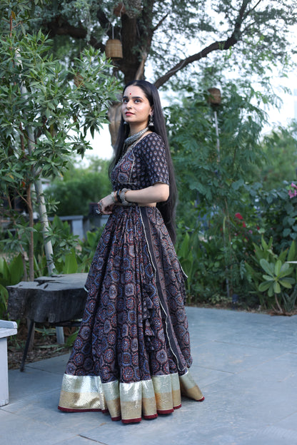 Durga Black Ajrakh Lehenga