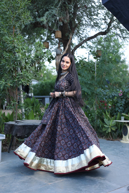 Durga Black Ajrakh Lehenga