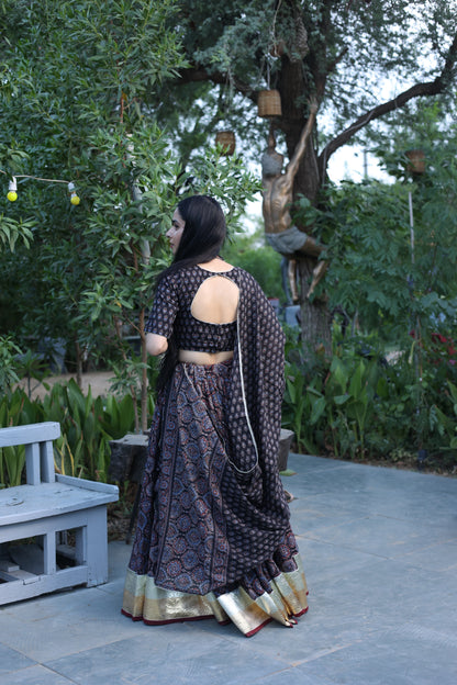 Durga Black Ajrakh Lehenga