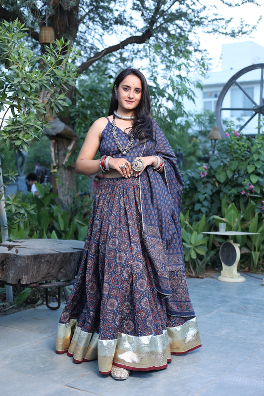 Durga Blue Ajrakh Lehenga