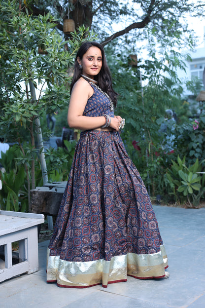 Durga Blue Ajrakh Lehenga