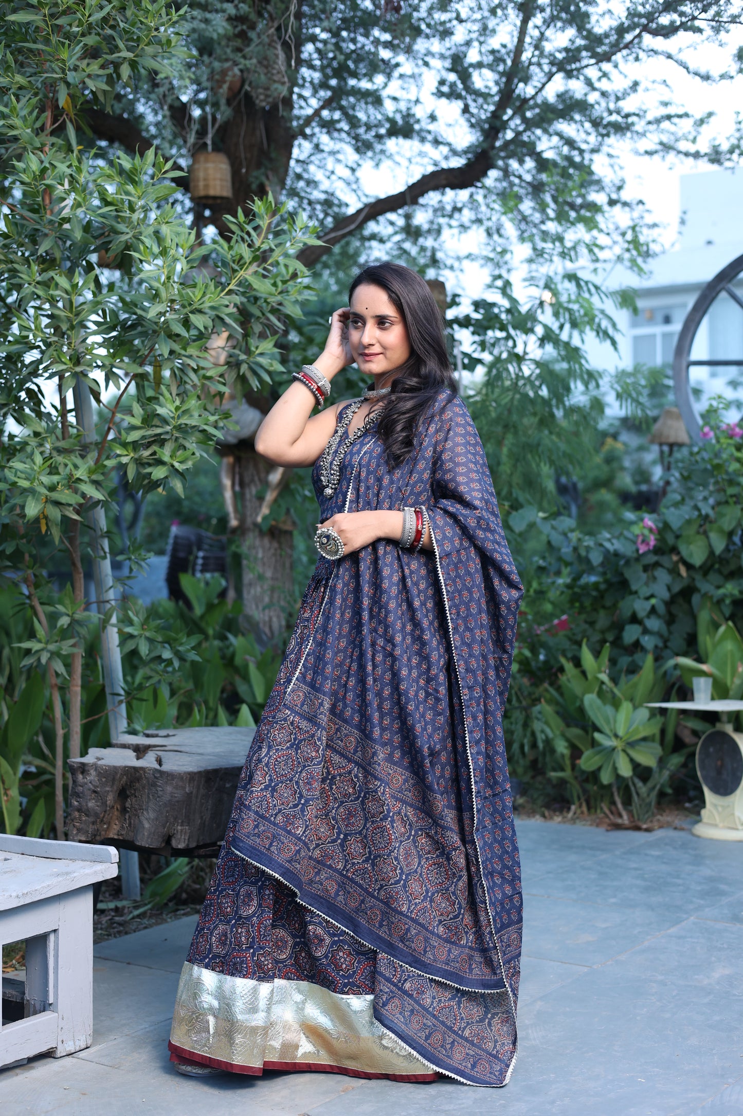 Durga Blue Ajrakh Lehenga