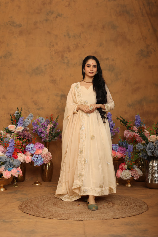 Kaashvi Beige Organza Anarkali Set