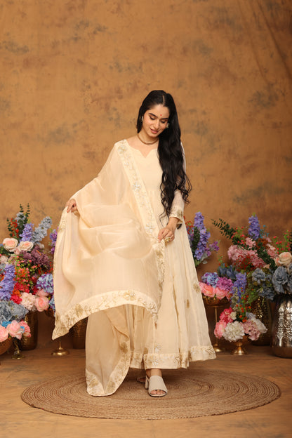 Kaashvi Beige Organza Anarkali Set