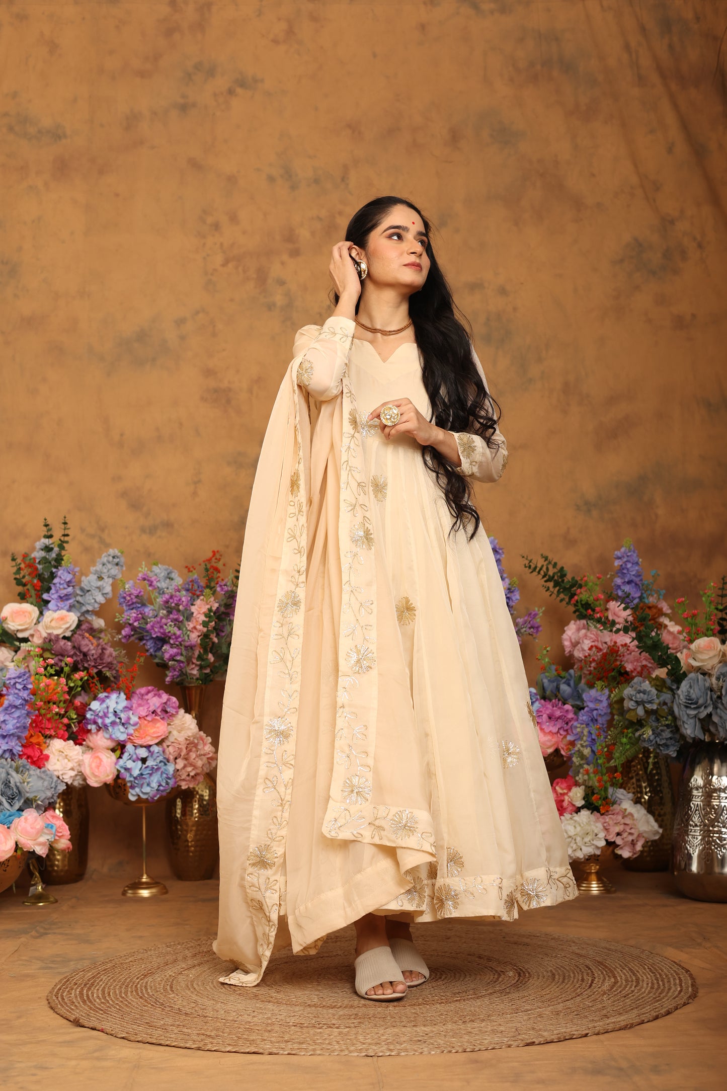 Kaashvi Beige Organza Anarkali Set