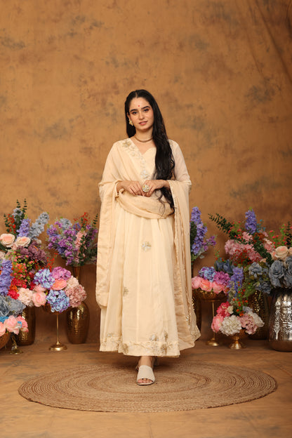 Kaashvi Beige Organza Anarkali Set